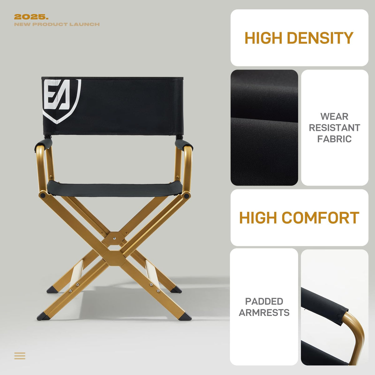 Aluminum Folding Directors Chair 19" Seat Height Black Fabric Golden Frame I6049