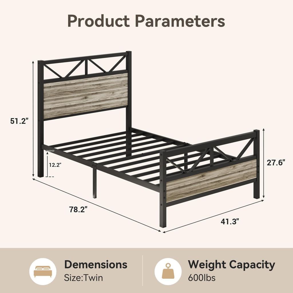 Wash Grey Twin Size Bed Frame with Tall Headboard E752953
