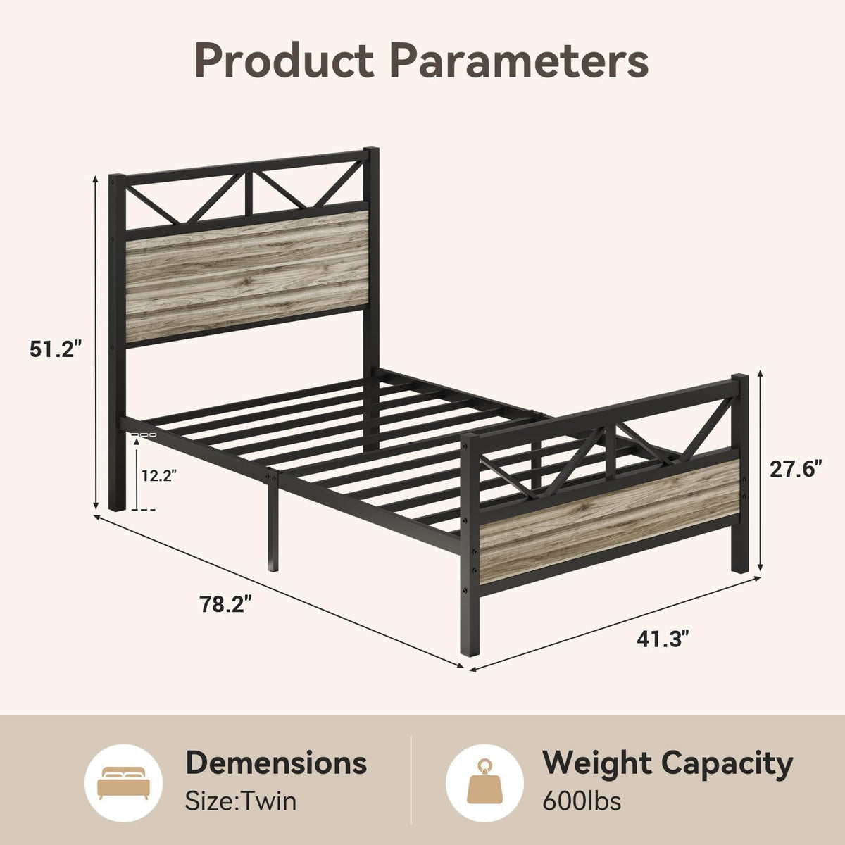 Wash Grey Twin Size Bed Frame with Tall Headboard E752953