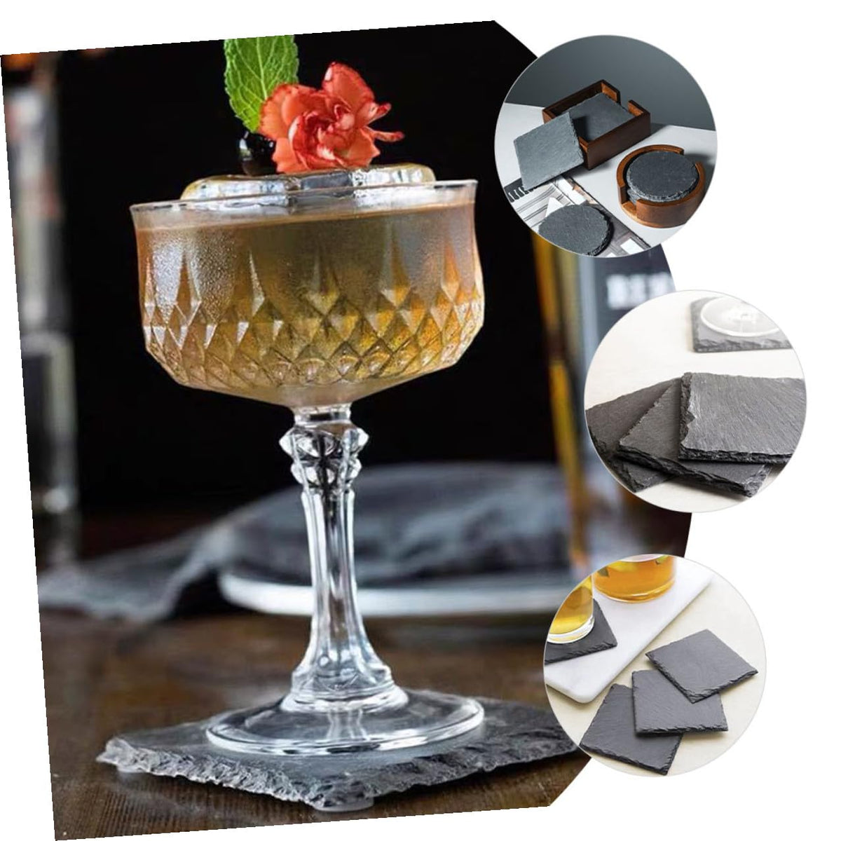 Black 12pcs Natural Stone Cup Coaster Set H3549