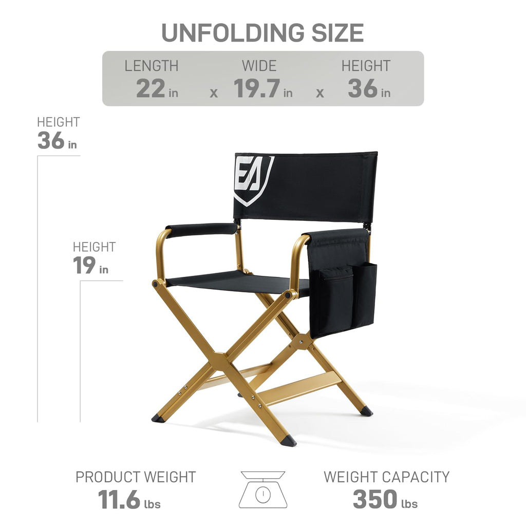 Aluminum Folding Directors Chair 19" Seat Height Black Fabric Golden Frame I6049
