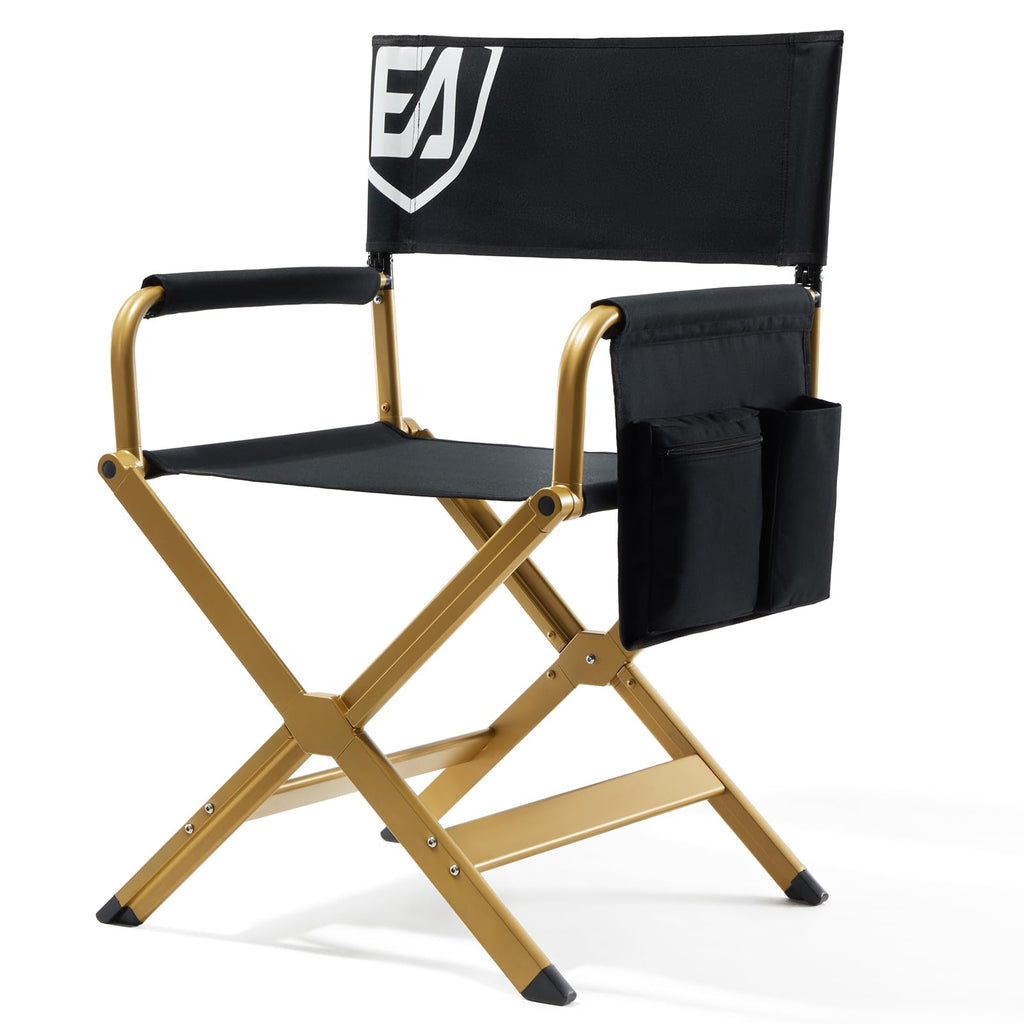 Aluminum Folding Directors Chair 19" Seat Height Black Fabric Golden Frame I6049