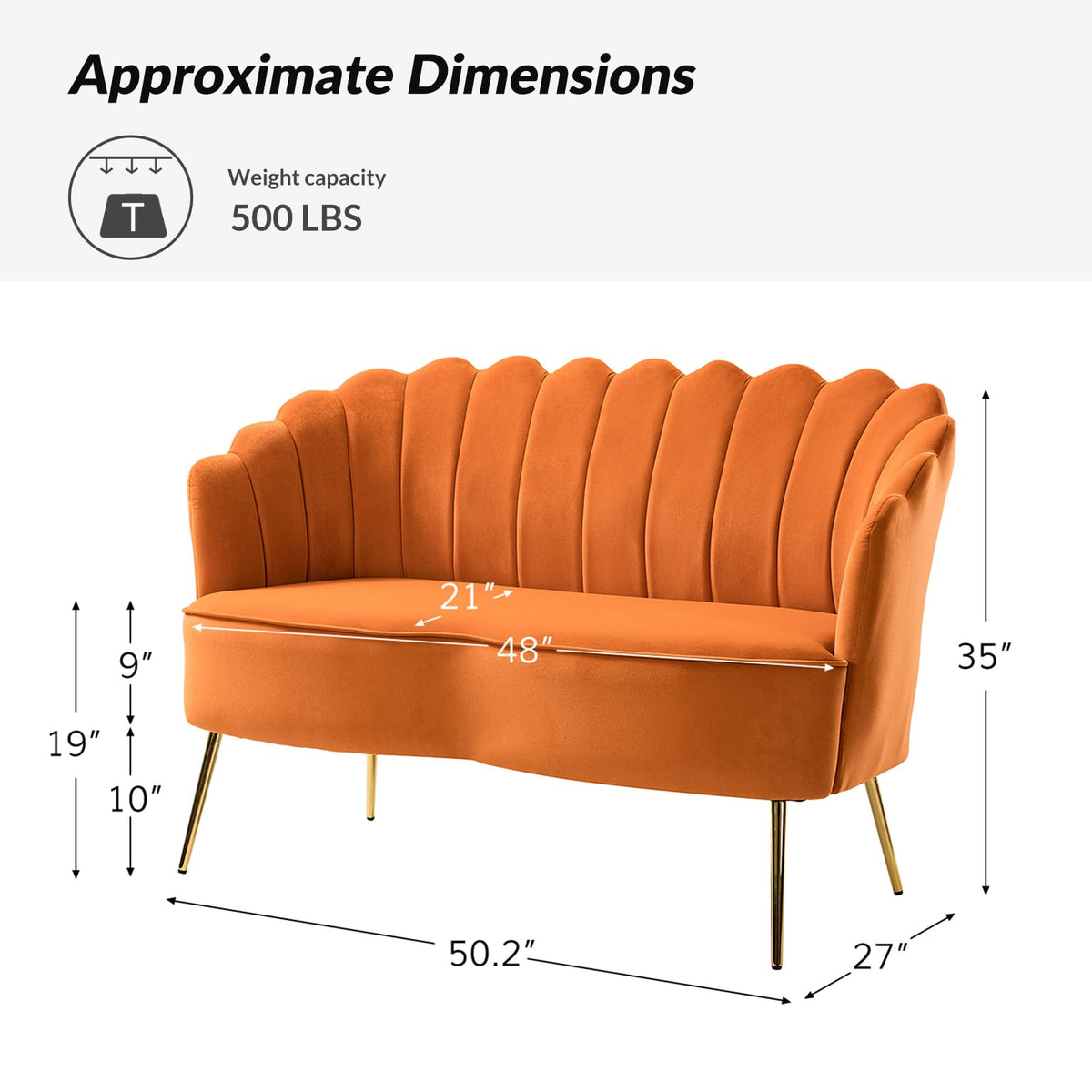 Orange Velvet 2-Seater Loveseat Sofa with Gold Metal Legs R9685