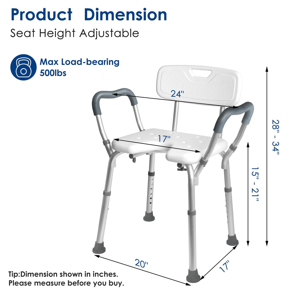 Extra Wide Padded Armrests Shower Chair, 500lbs Capacity, Aluminum M22216