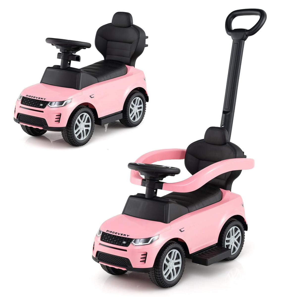3 in 1 Push Car with Handle, Horn Sound, Underneath Storage, Armrest Guardrail, Foot-to-Floor Ride On Toy (Pink) O7474