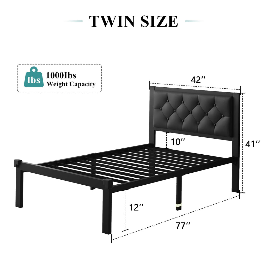 Twin Size Black Metal Platform Bed Frame with Faux Leather Button Tufted Headboard U417144