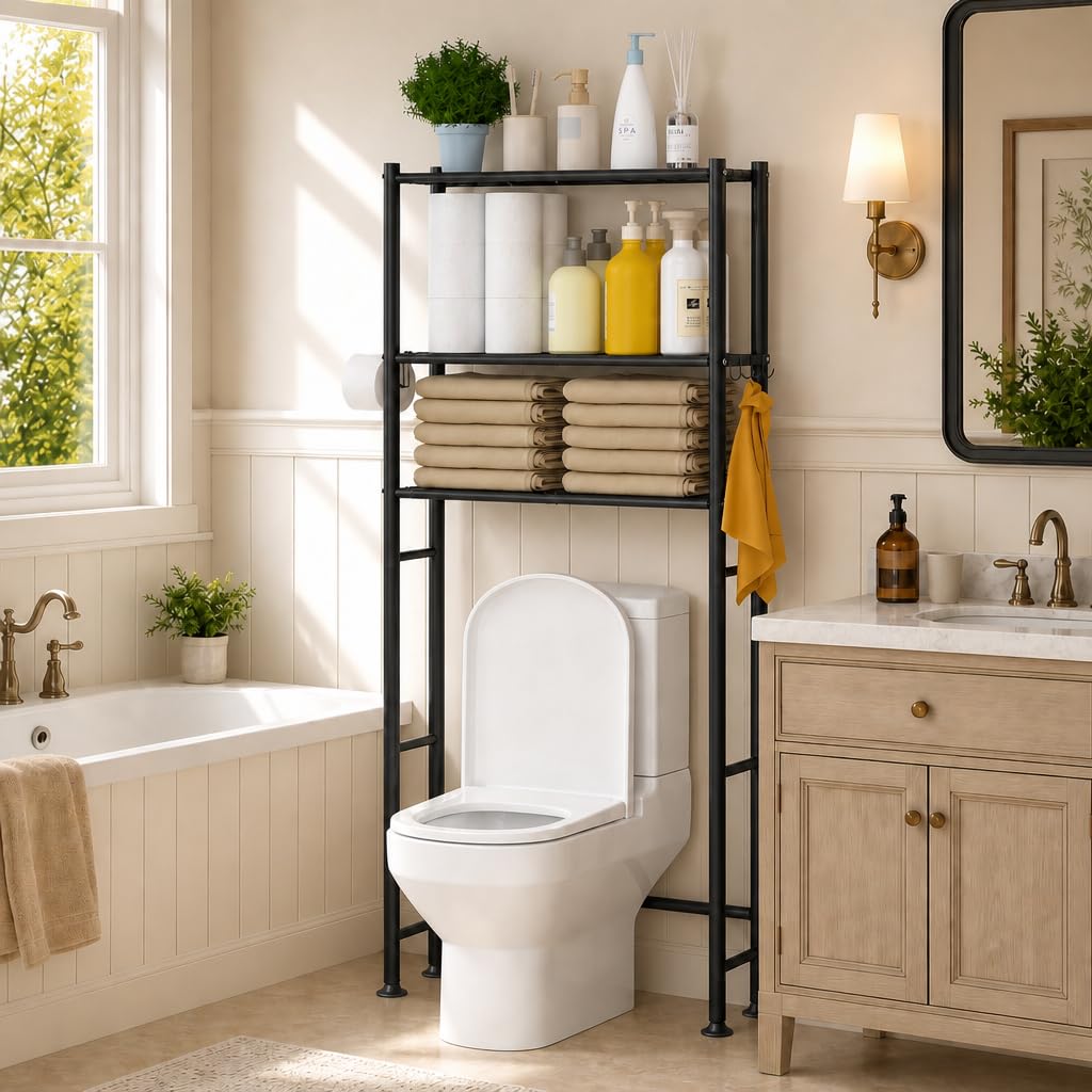 3-Tier Over The Toilet Storage Cabinet with Paper Holder and 4 Hooks J6025