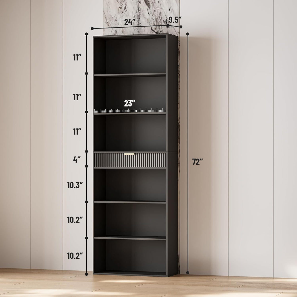 7-Tier Black Bookshelf with Drawer C80541