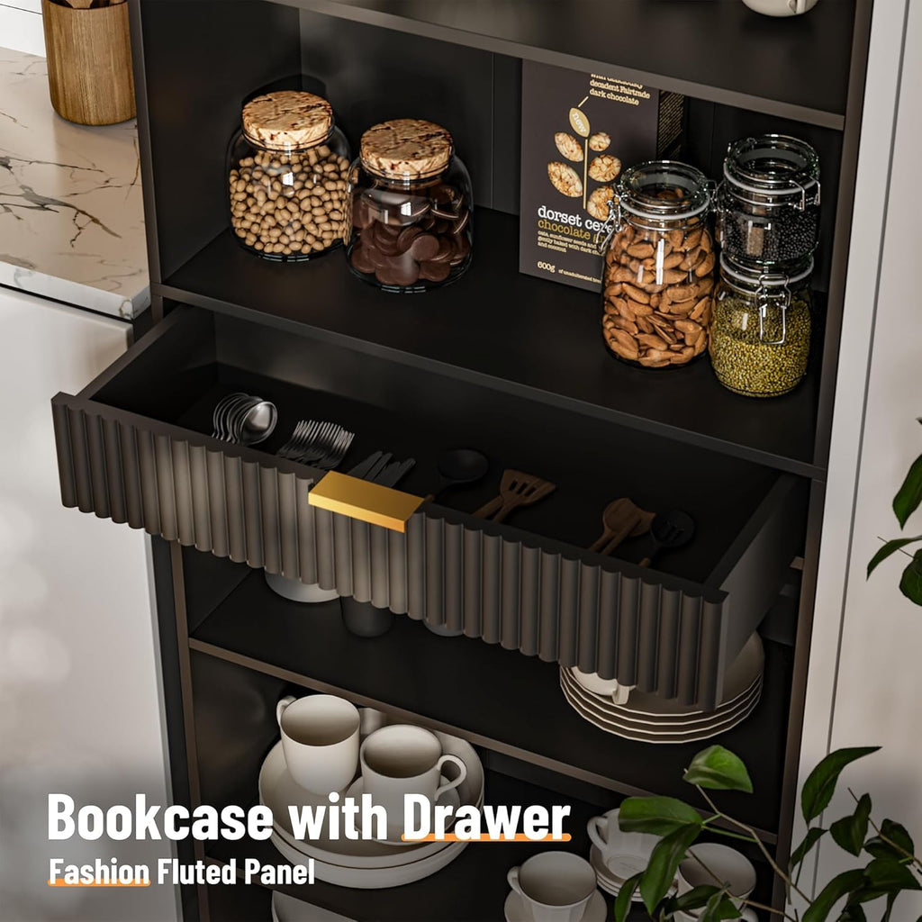 7-Tier Black Bookshelf with Drawer C80541