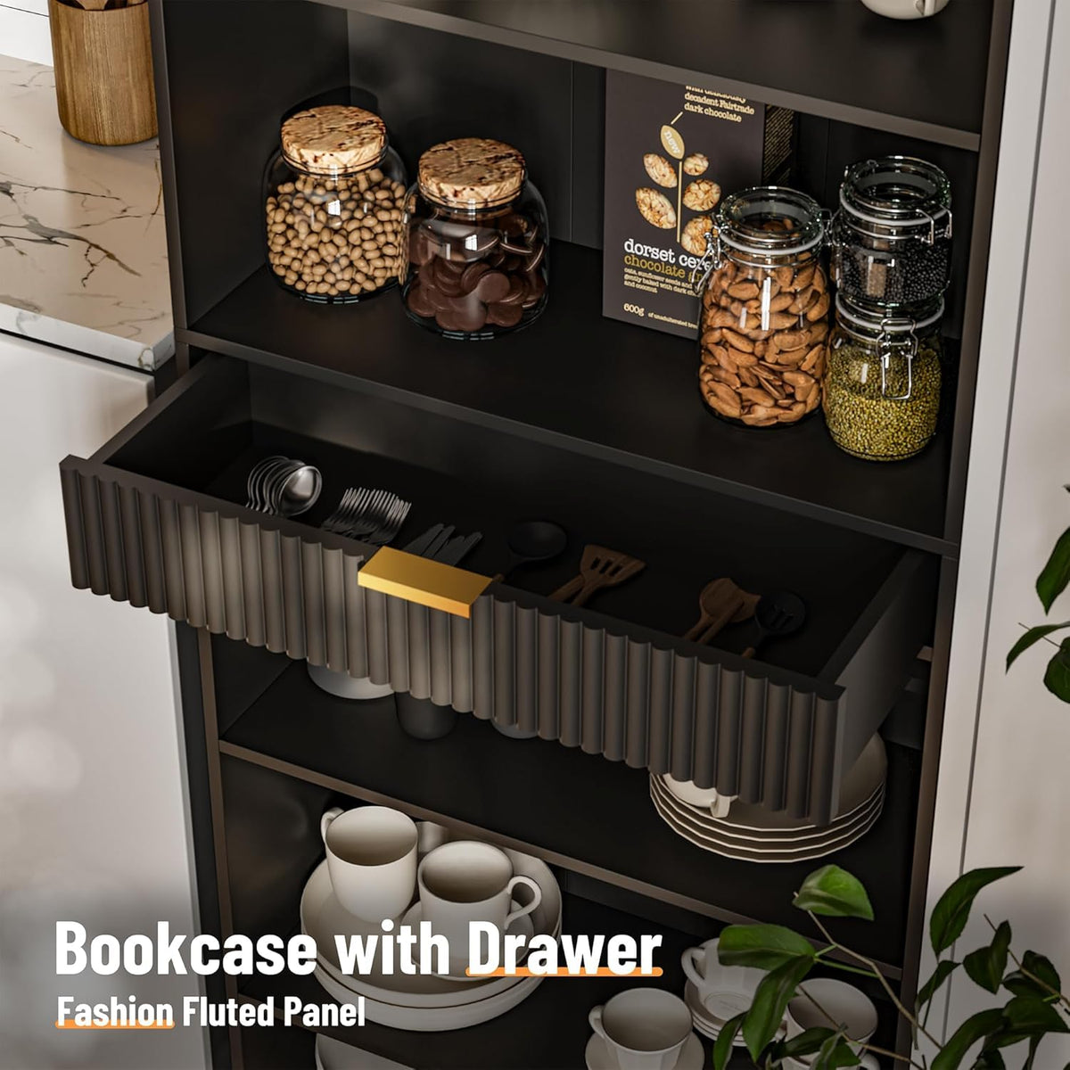 7-Tier Black Bookshelf with Drawer C80541