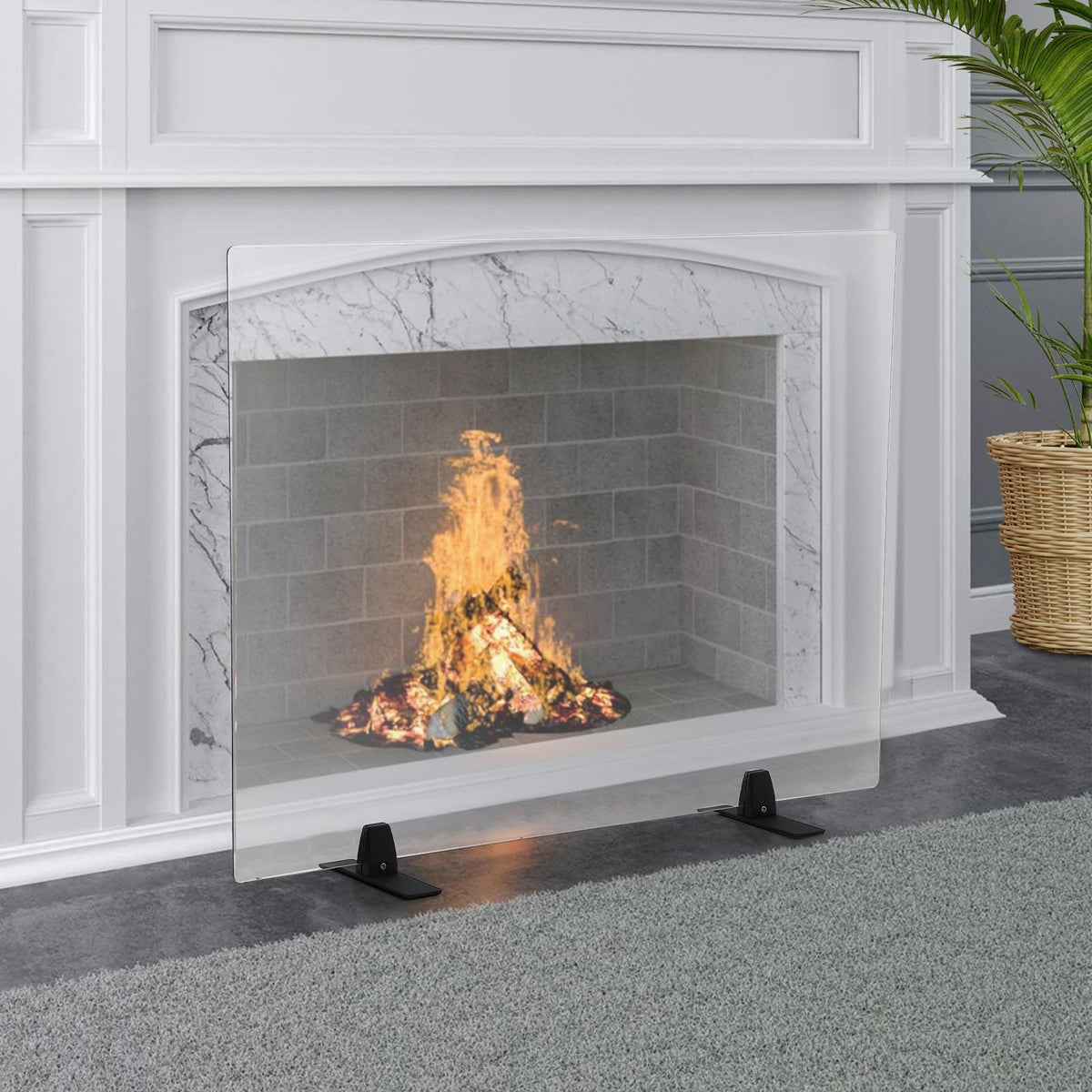 36 Inch Tempered Glass Fireplace Screen with Metal Black Base T383824