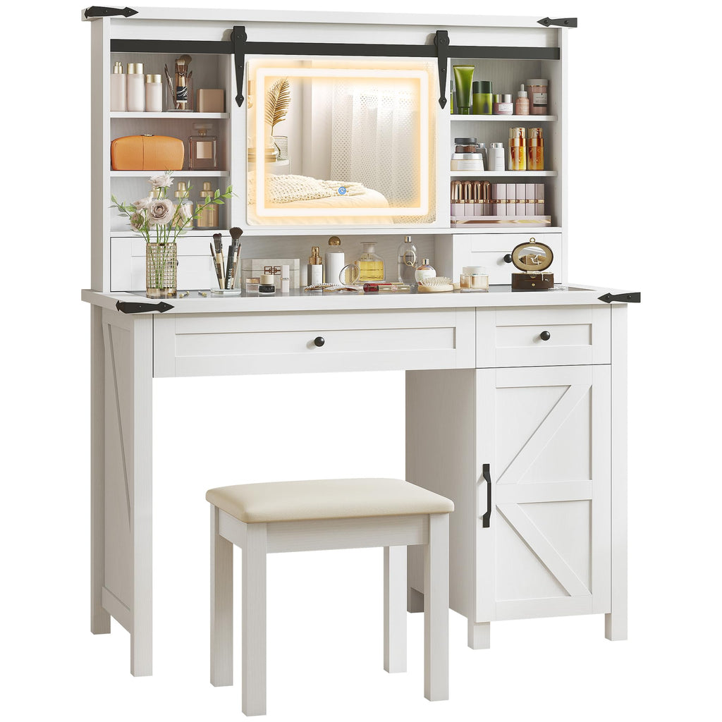 White Vanity Desk with Mirror, LED Lights, Stool K284