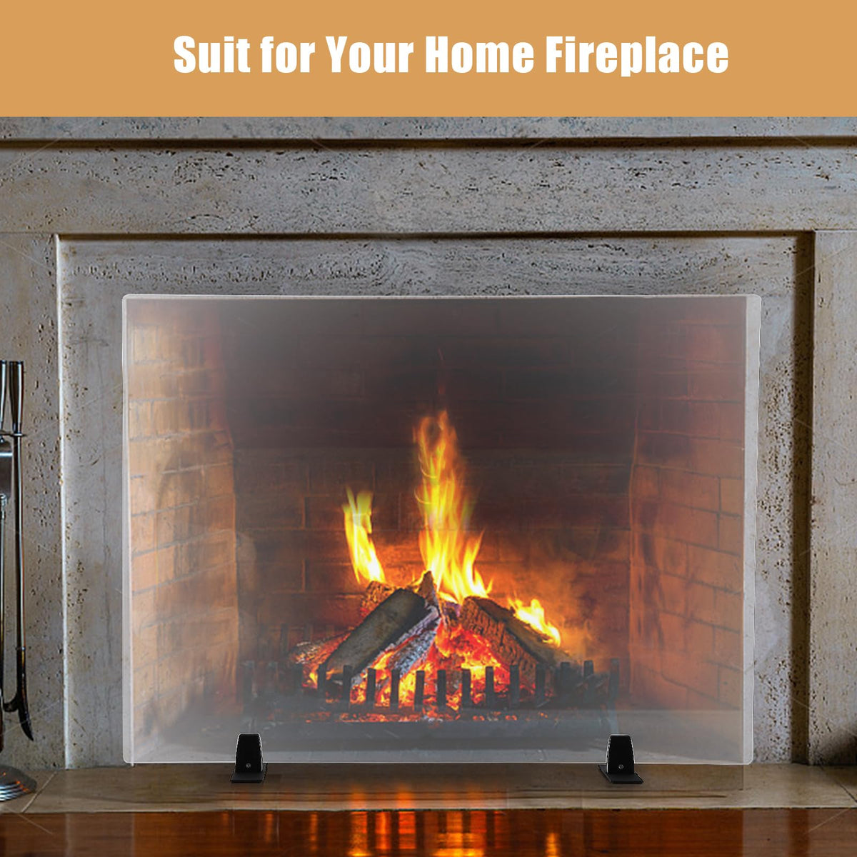 36 Inch Tempered Glass Fireplace Screen with Metal Black Base T383824