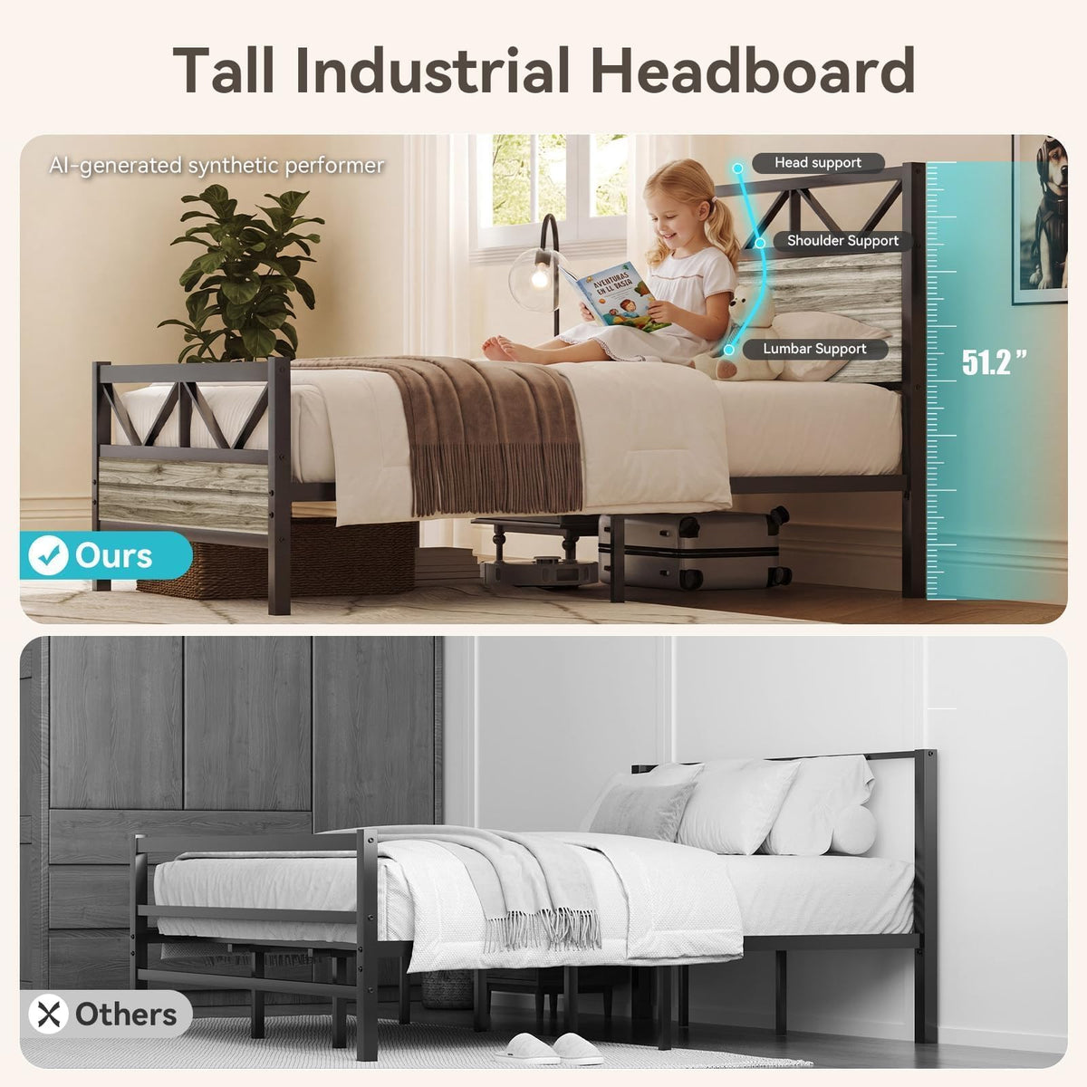 Wash Grey Twin Size Bed Frame with Tall Headboard E752953