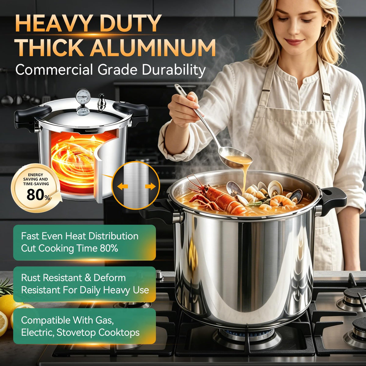 23-24QT Aluminum Pressure Cooker with Pressure Gauge L992