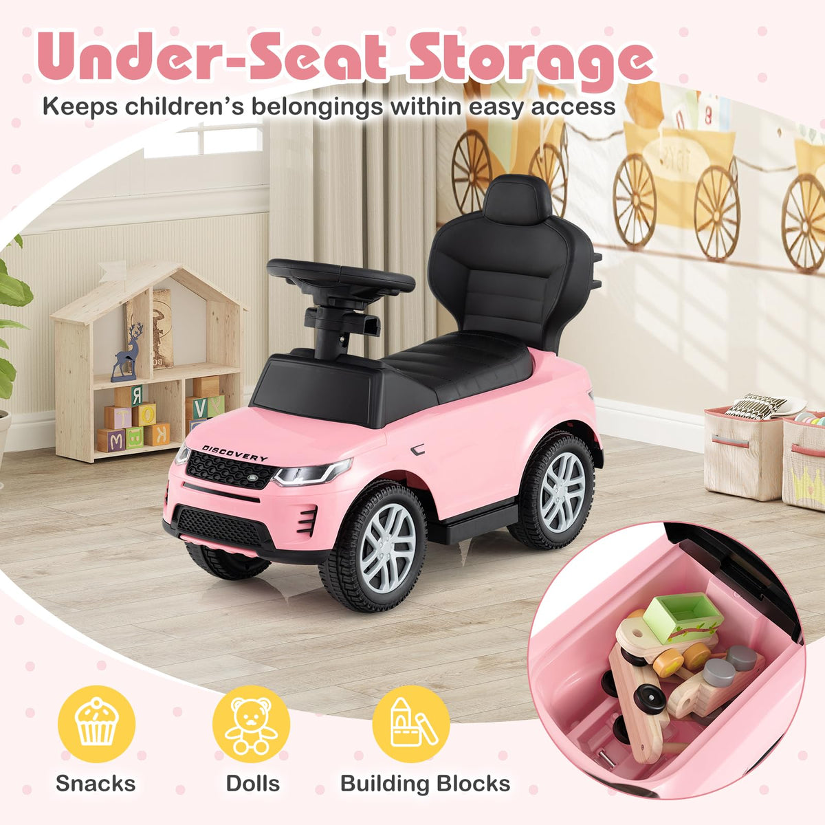 3 in 1 Push Car with Handle, Horn Sound, Underneath Storage, Armrest Guardrail, Foot-to-Floor Ride On Toy (Pink) O7474