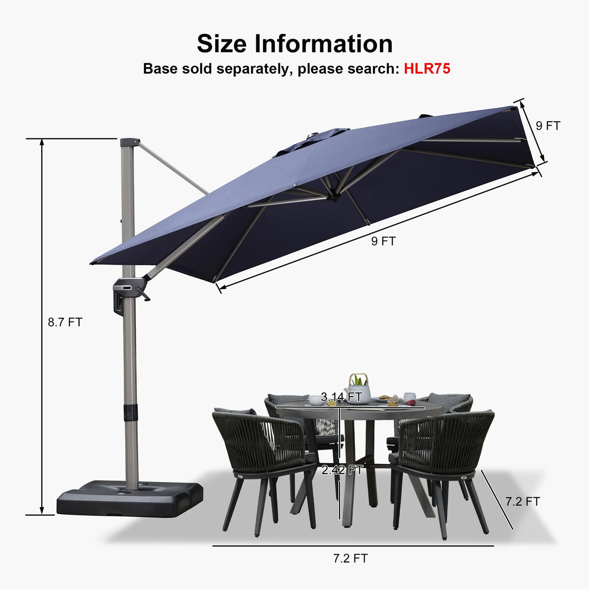 Navy Blue 9' x 9' Cantilever Umbrella T4415