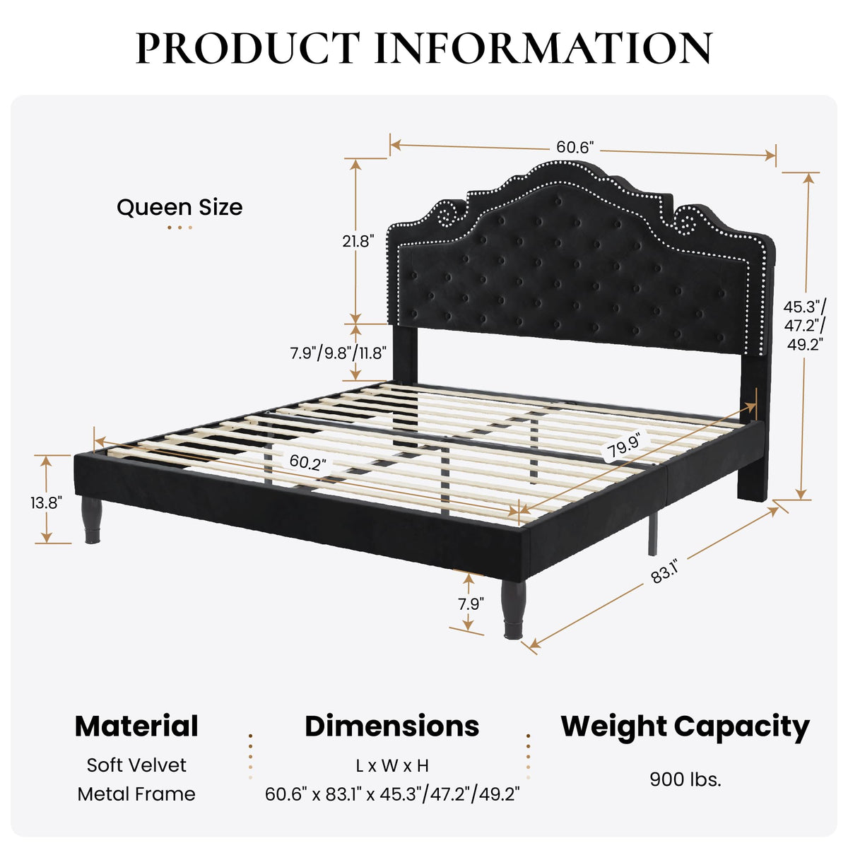 Queen Size Velvet Upholstered Bed Frame with Adjustable Headboard H8957