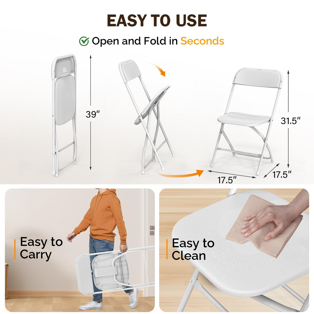 White Plastic Folding Chairs Set of 10 with Metal Frame E495