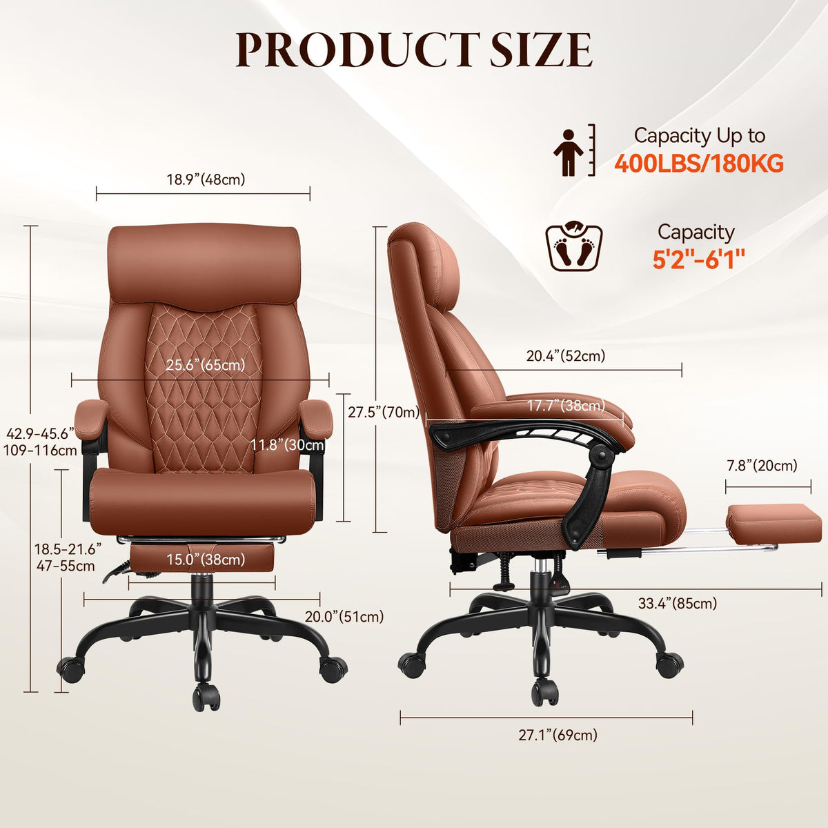 Big and Tall Brown Leather Office Chair with Footrest U364