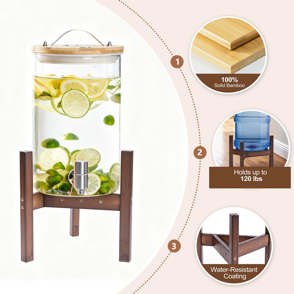 Adjustable Bamboo Drink Dispenser Stand for 2-5 Gallon X763532