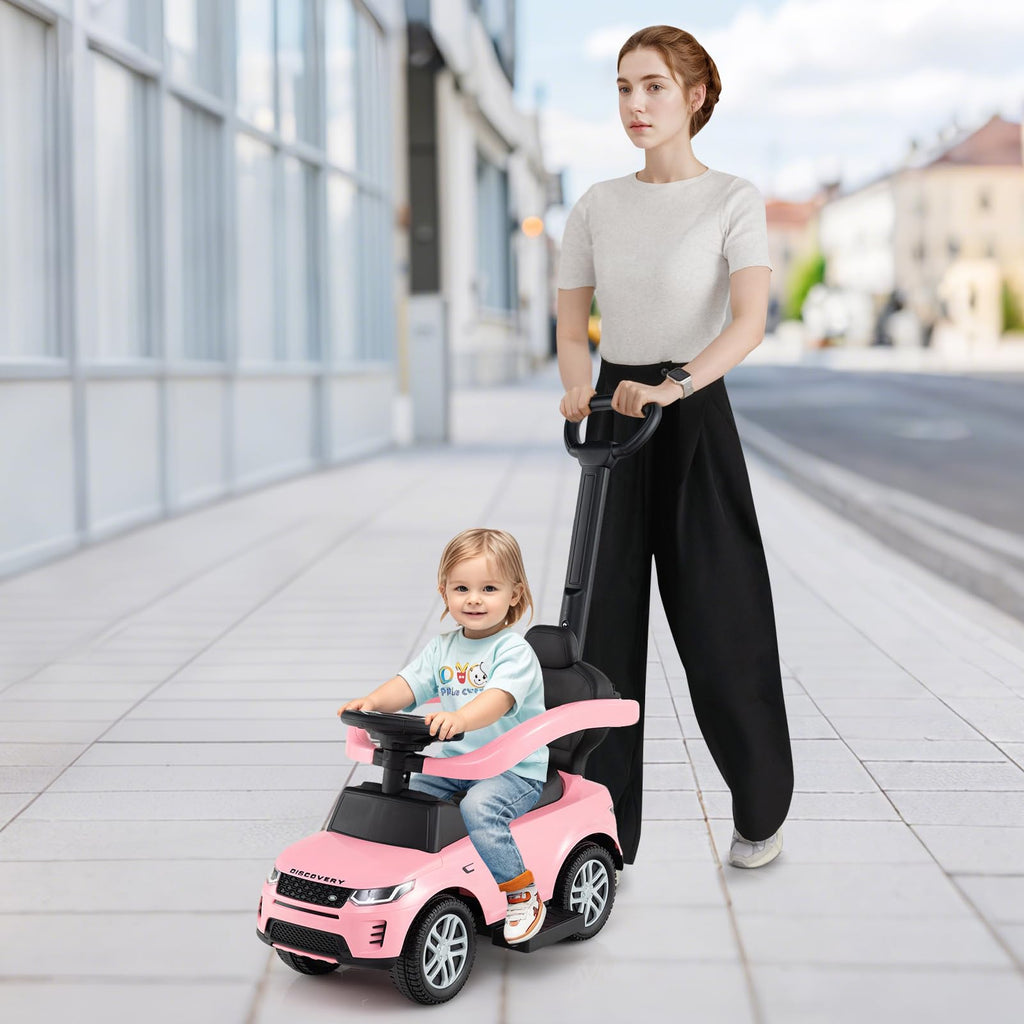 3 in 1 Push Car with Handle, Horn Sound, Underneath Storage, Armrest Guardrail, Foot-to-Floor Ride On Toy (Pink) O7474