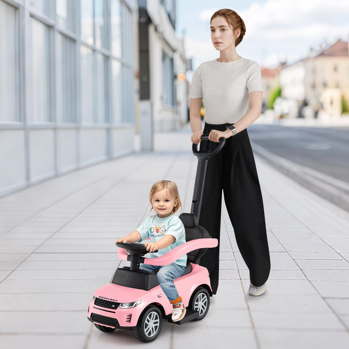 3 in 1 Push Car with Handle, Horn Sound, Underneath Storage, Armrest Guardrail, Foot-to-Floor Ride On Toy (Pink) O7474