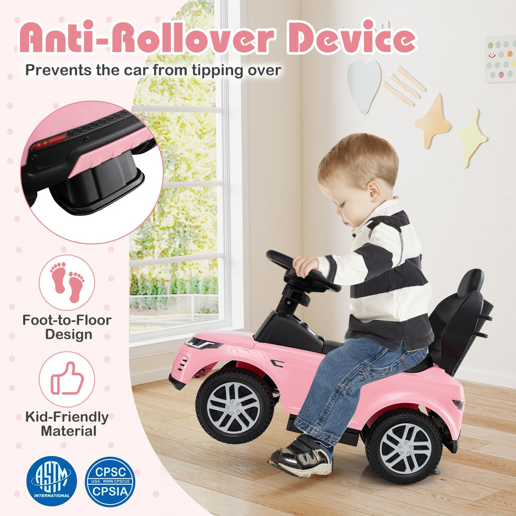 3 in 1 Push Car with Handle, Horn Sound, Underneath Storage, Armrest Guardrail, Foot-to-Floor Ride On Toy (Pink) O7474
