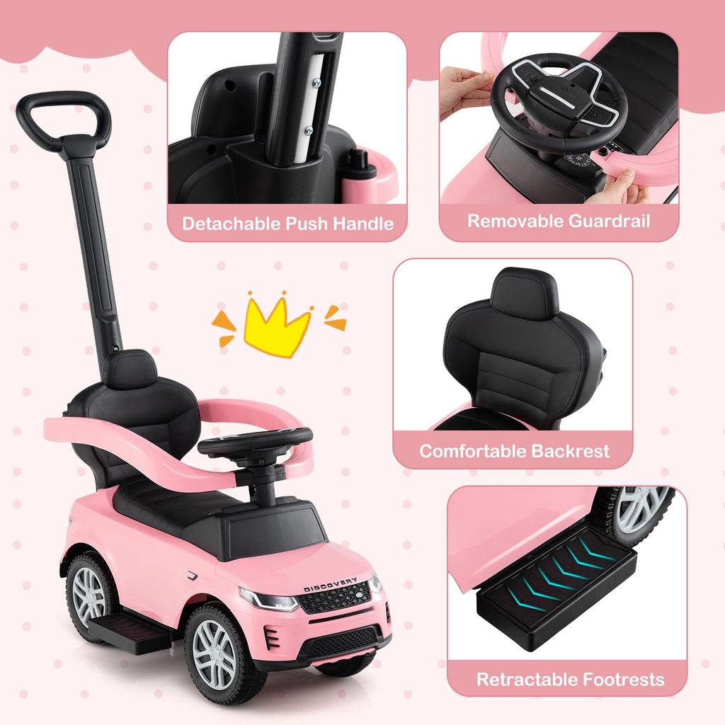 3 in 1 Push Car with Handle, Horn Sound, Underneath Storage, Armrest Guardrail, Foot-to-Floor Ride On Toy (Pink) O7474