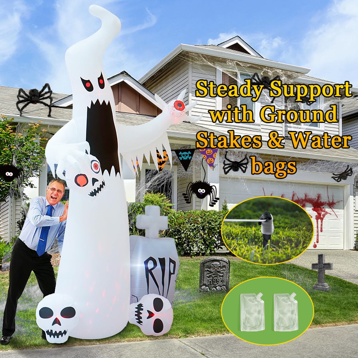 12 FT Halloween Inflatables Ghost with 3 Skulls X554