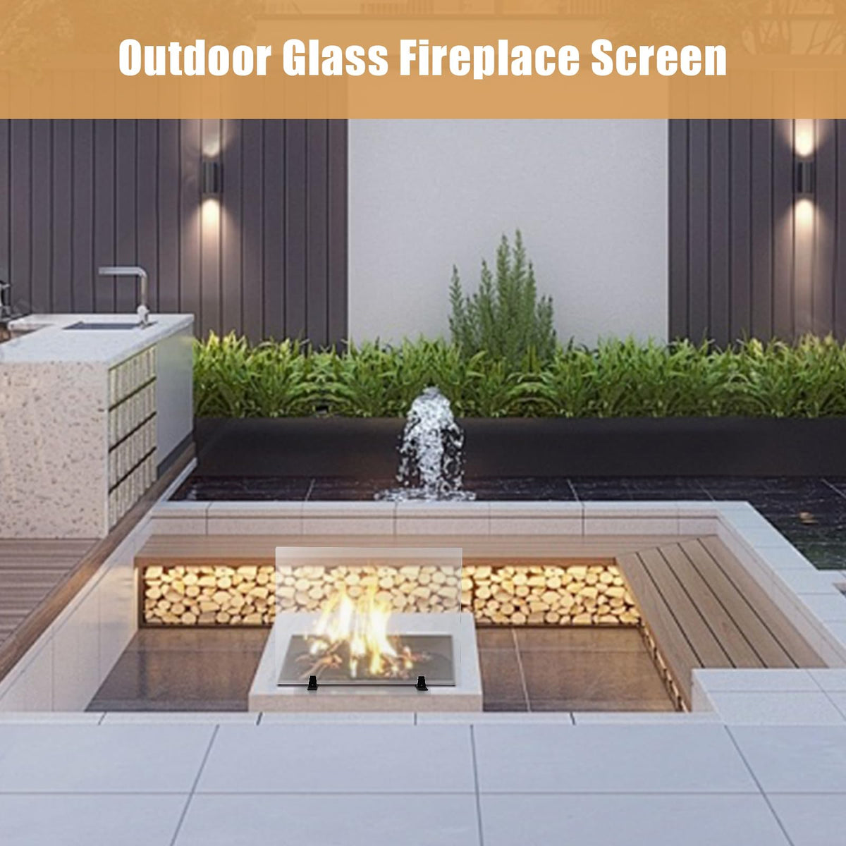 36 Inch Tempered Glass Fireplace Screen with Metal Black Base T383824