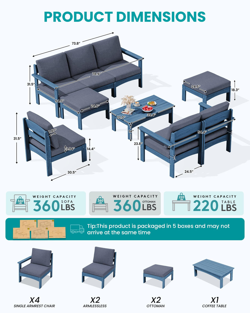 9 Pieces Blue Outdoor Sectional Sofa Set F768