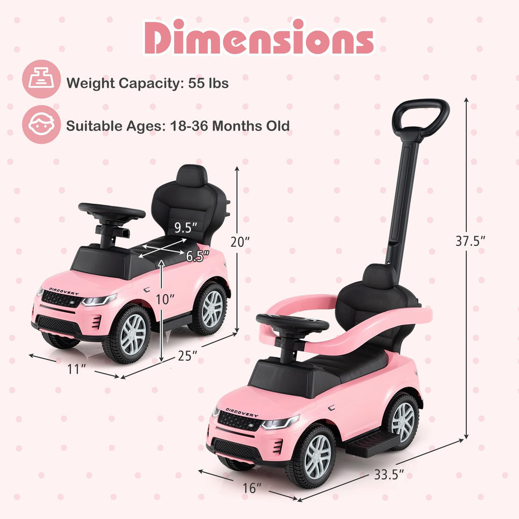 3 in 1 Push Car with Handle, Horn Sound, Underneath Storage, Armrest Guardrail, Foot-to-Floor Ride On Toy (Pink) O7474