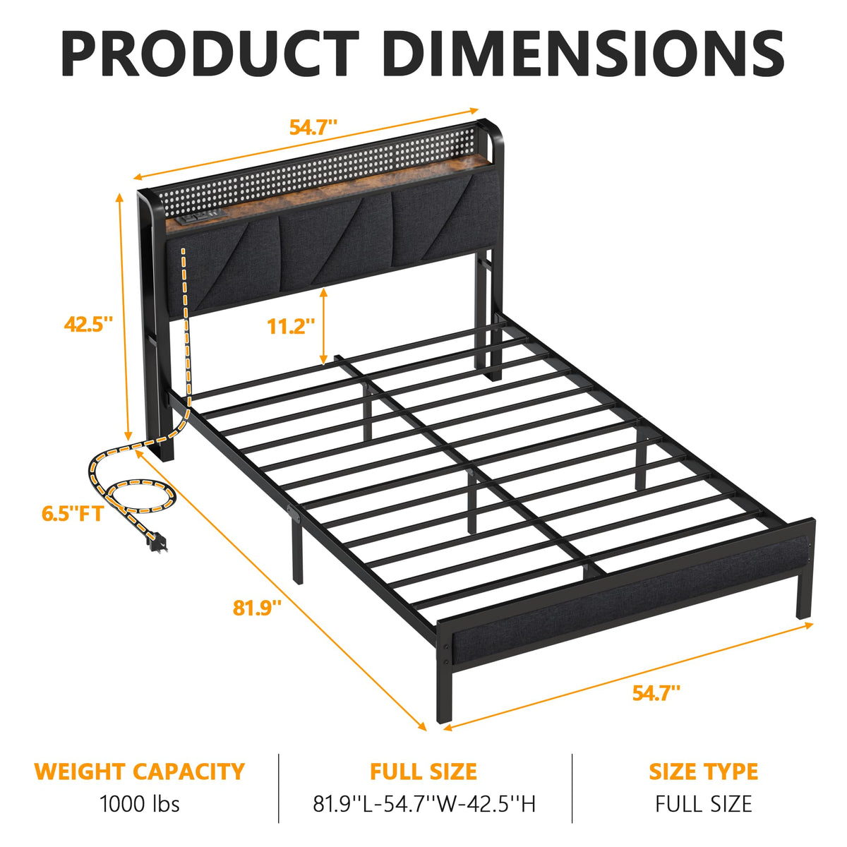 Full Size Bed Frame with Storage Shelf and Upholstered Headboard V881