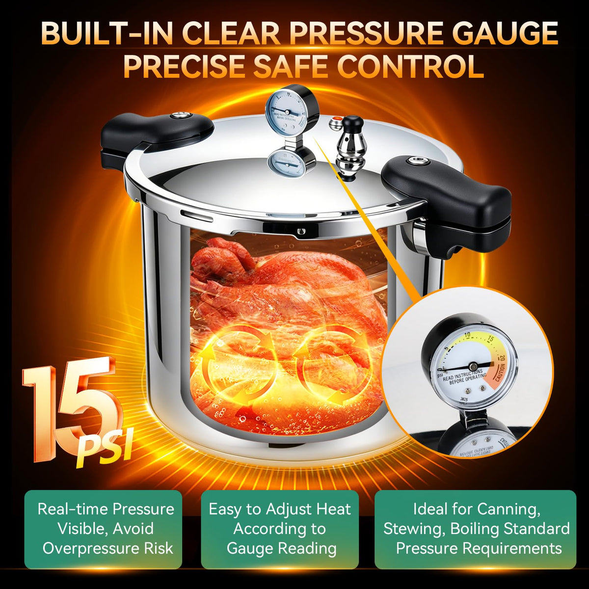 23-24QT Aluminum Pressure Cooker with Pressure Gauge L992