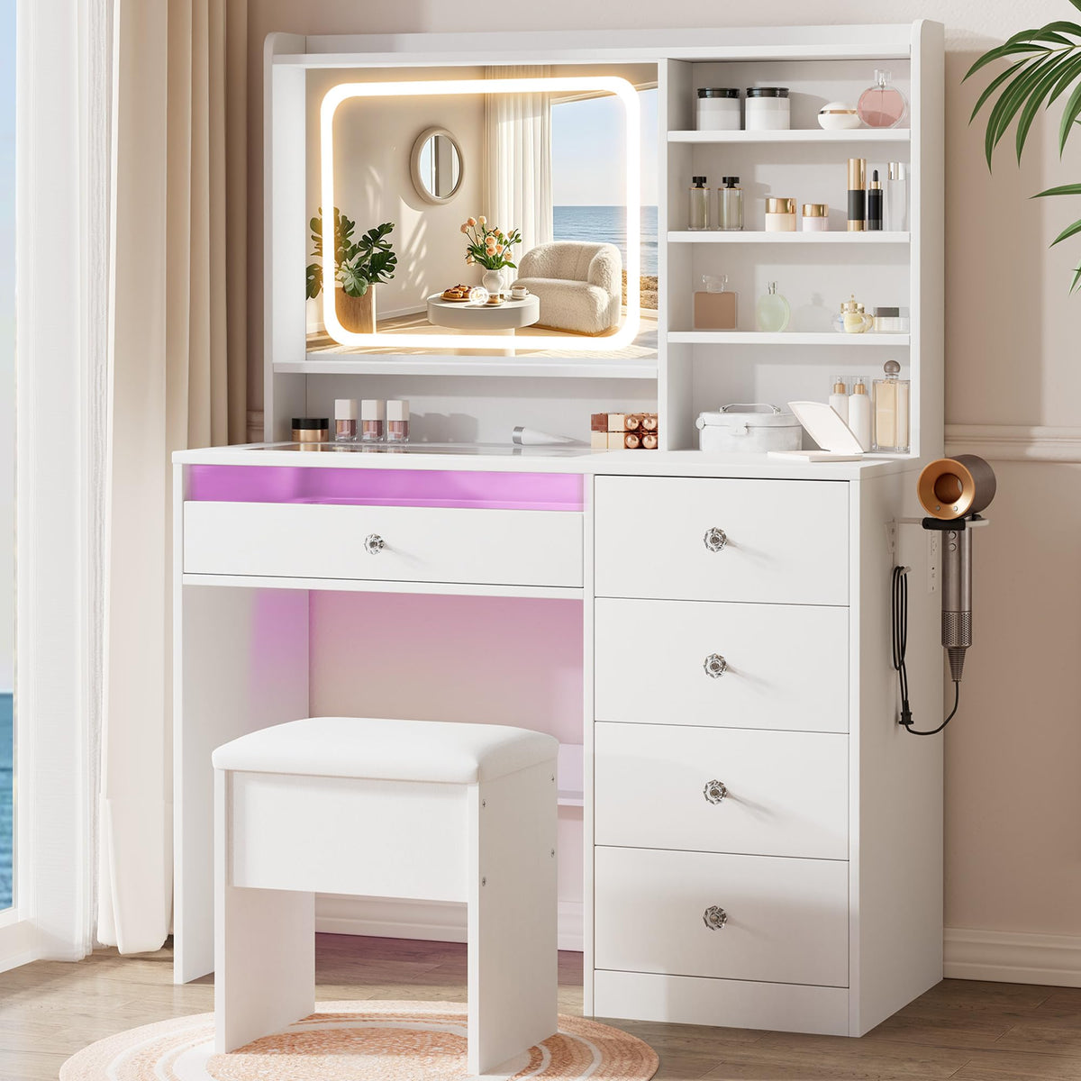 White Vanity Desk Set with Glass Desktop Q4881