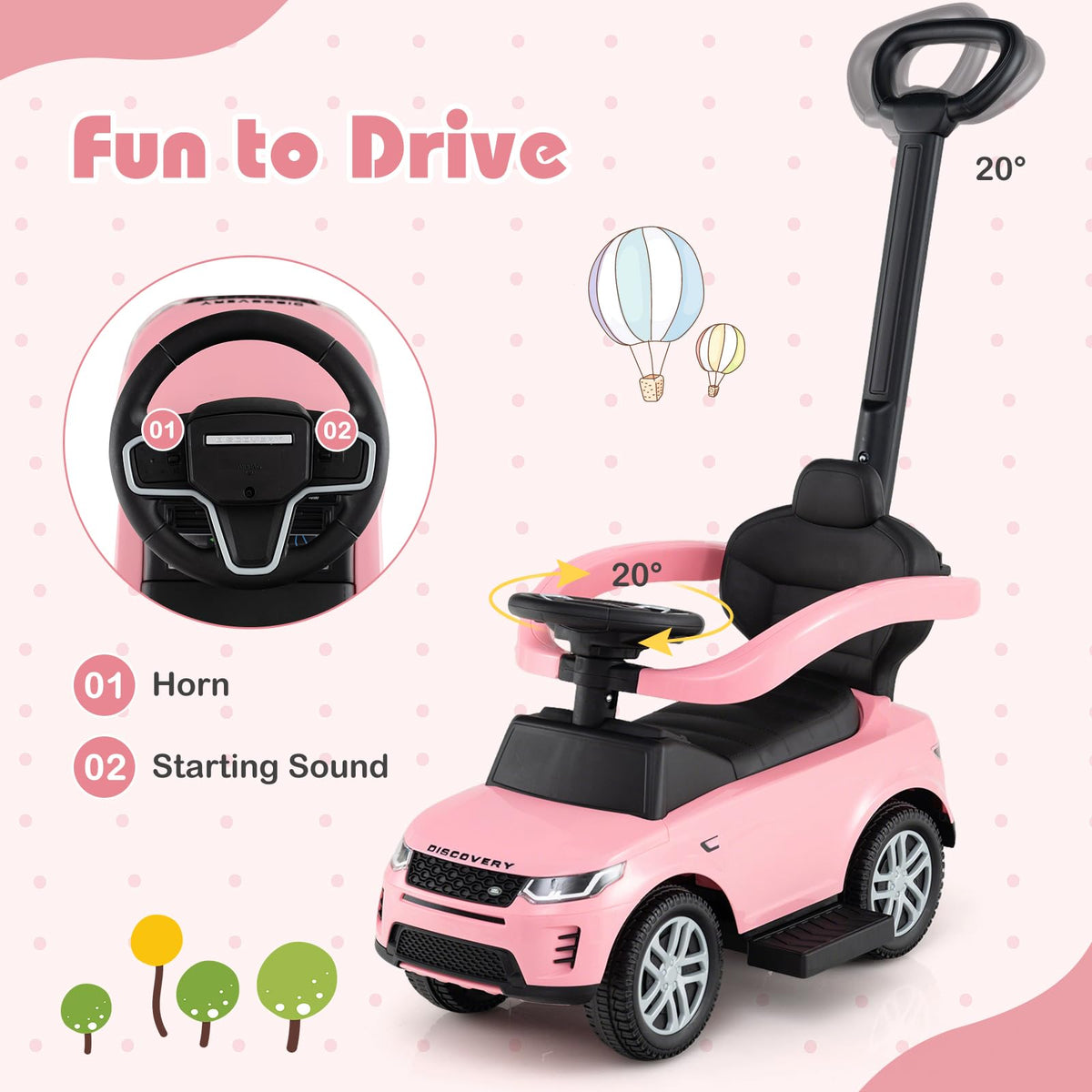 3 in 1 Push Car with Handle, Horn Sound, Underneath Storage, Armrest Guardrail, Foot-to-Floor Ride On Toy (Pink) O7474