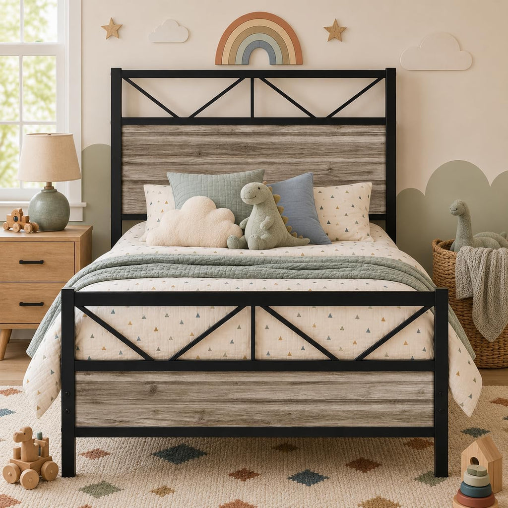 Wash Grey Twin Size Bed Frame with Tall Headboard E752953