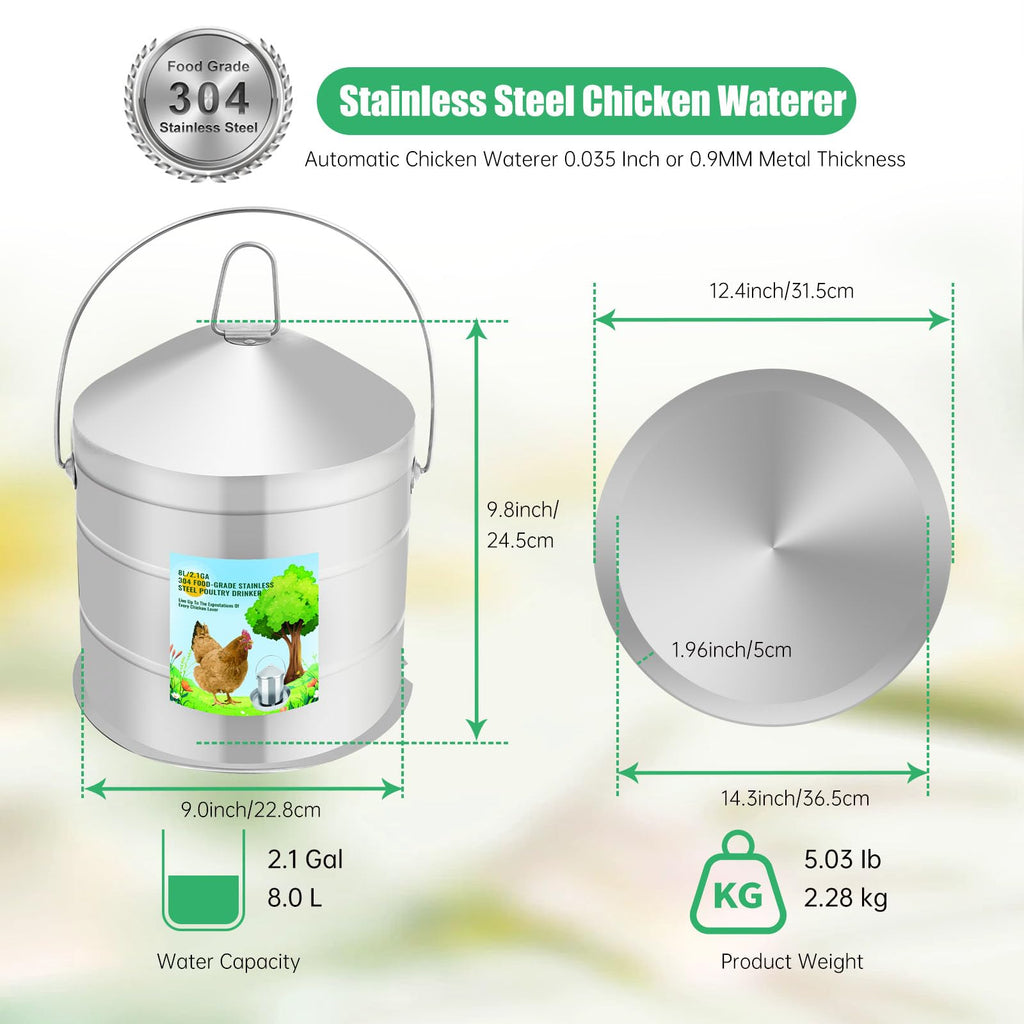 304 Food Grade Stainless Steel Automatic Chicken Waterer 8L/2.1Gal Y172897