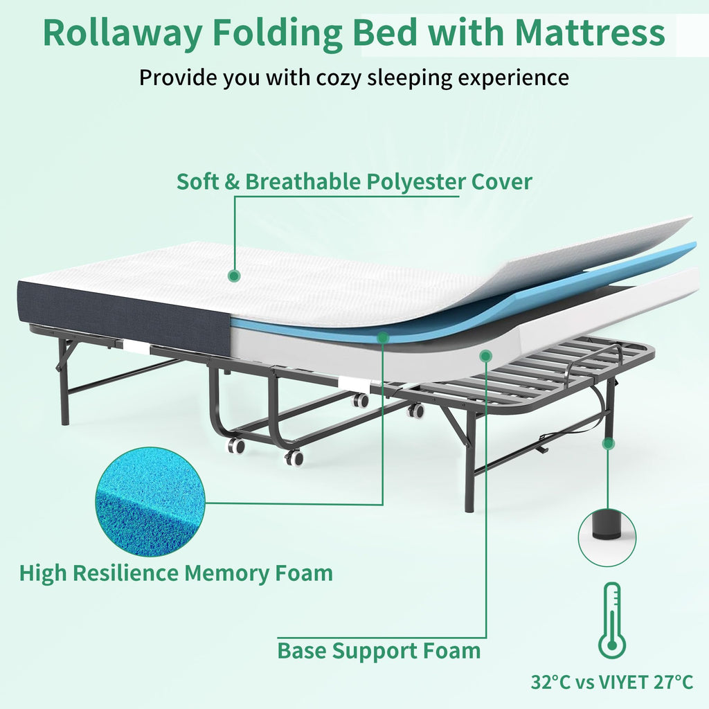 Folding Bed with Mattress, 5-Inch Memory Foam, 500lbs Capacity, Metal Frame, Adjustable Headboard X7895