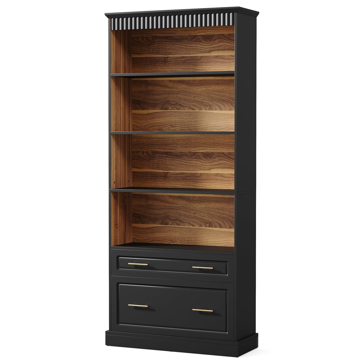 72" Tall Black 5-Tier Bookcase with 2 Drawers Q50660