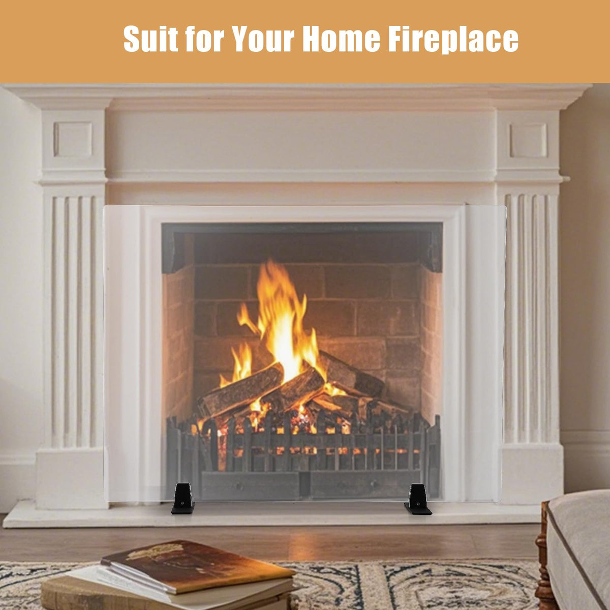 36 Inch Tempered Glass Fireplace Screen with Metal Black Base T383824