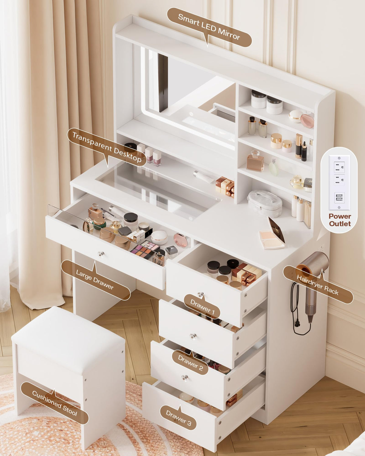 White Vanity Desk Set with Glass Desktop Q4881