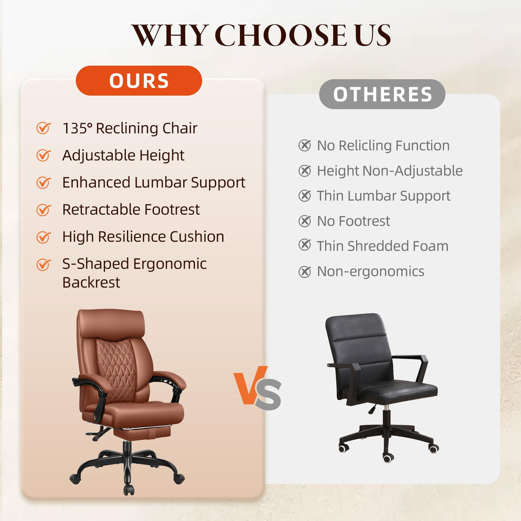 Big and Tall Brown Leather Office Chair with Footrest U364