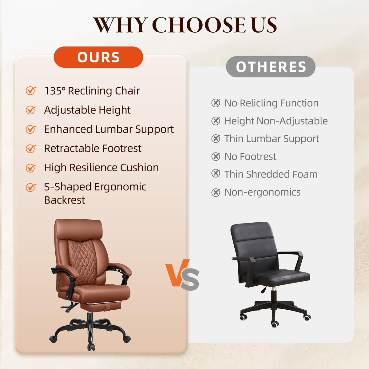 Big and Tall Brown Leather Office Chair with Footrest U364