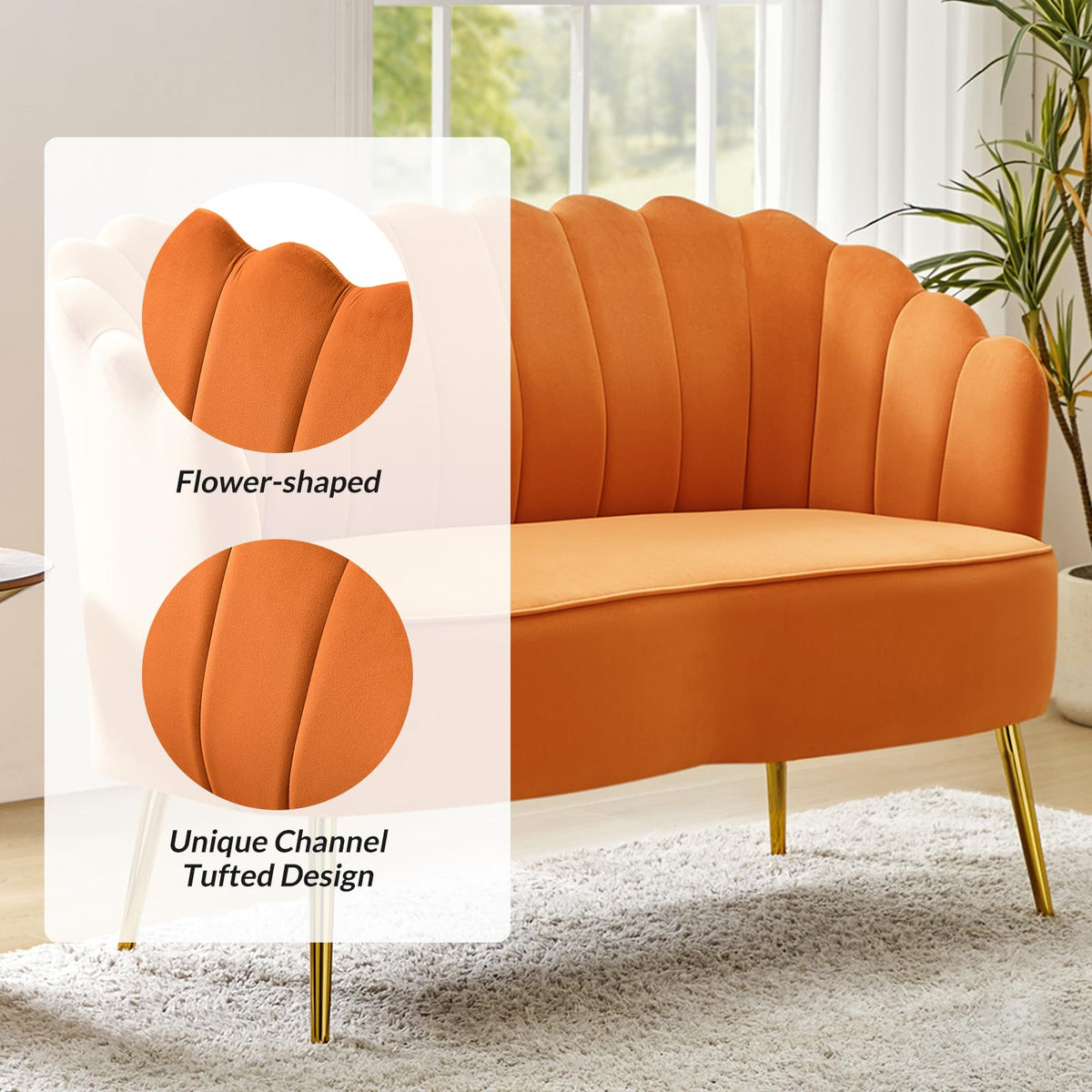 Orange Velvet 2-Seater Loveseat Sofa with Gold Metal Legs R9685