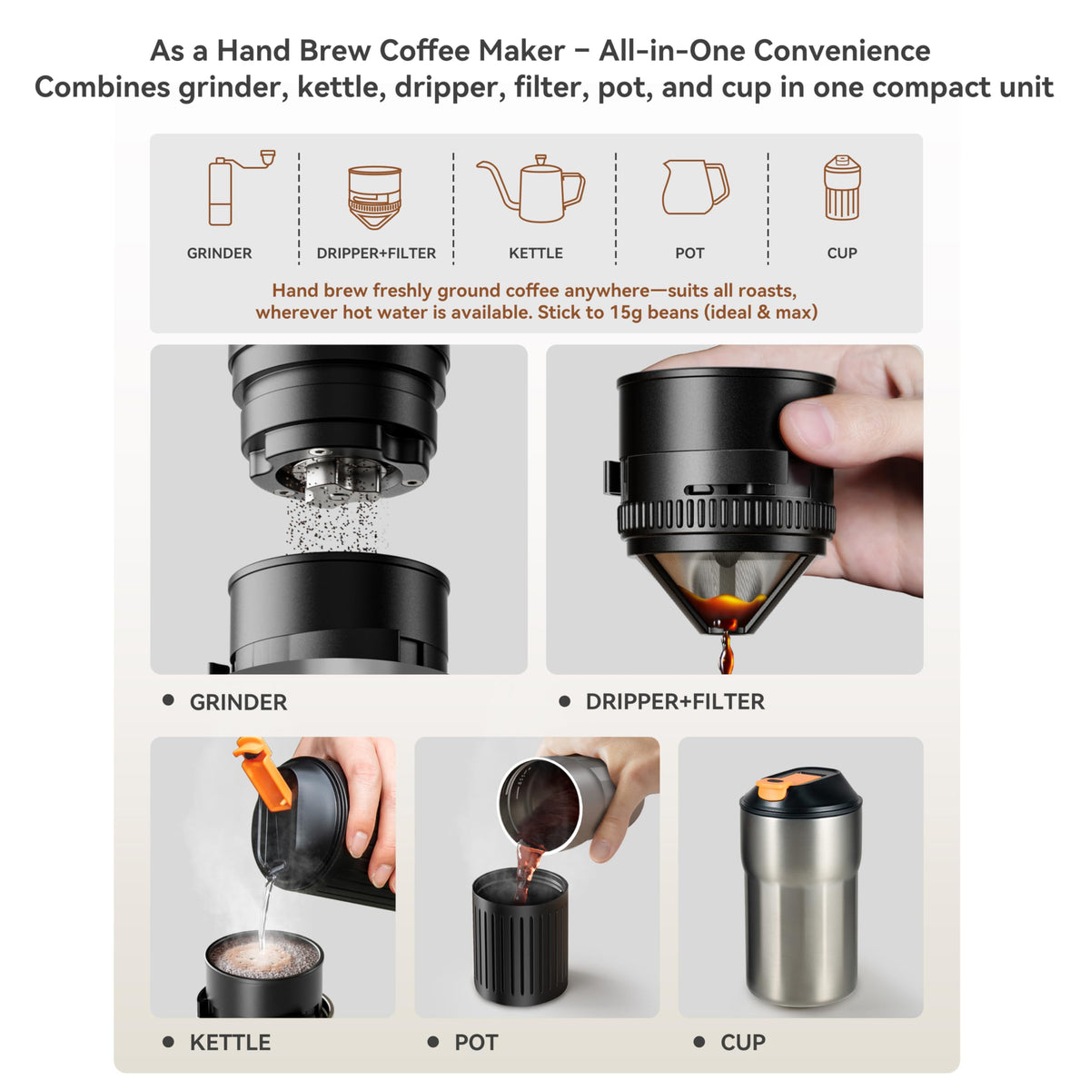 Portable Pour Over Coffee Maker with Stainless Steel Conical Burr Y9631