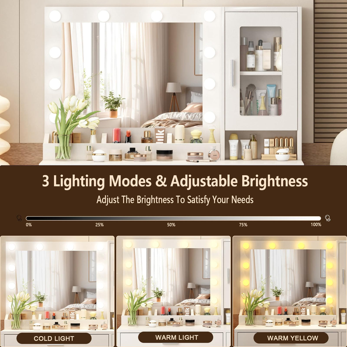 Makeup Vanity Desk Set with LED Lights Mirror Chair D8936