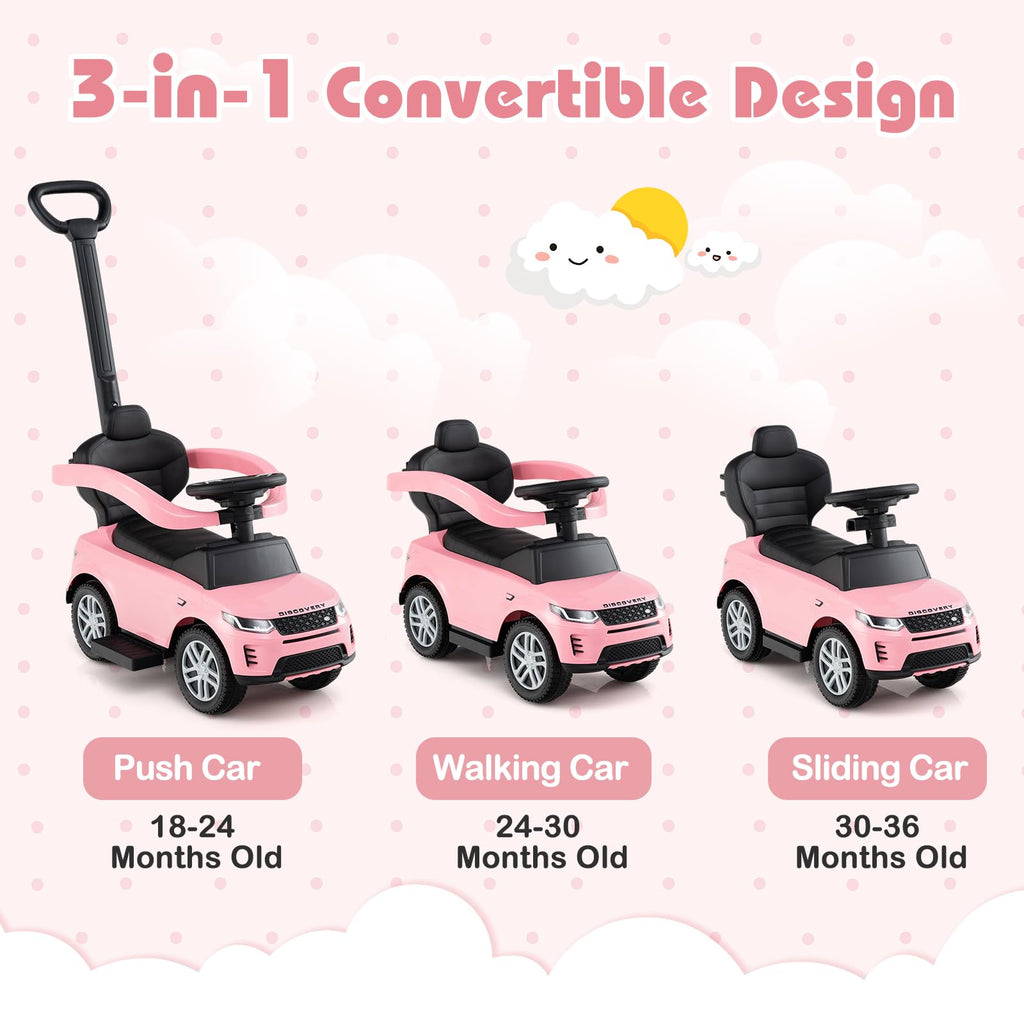 3 in 1 Push Car with Handle, Horn Sound, Underneath Storage, Armrest Guardrail, Foot-to-Floor Ride On Toy (Pink) O7474