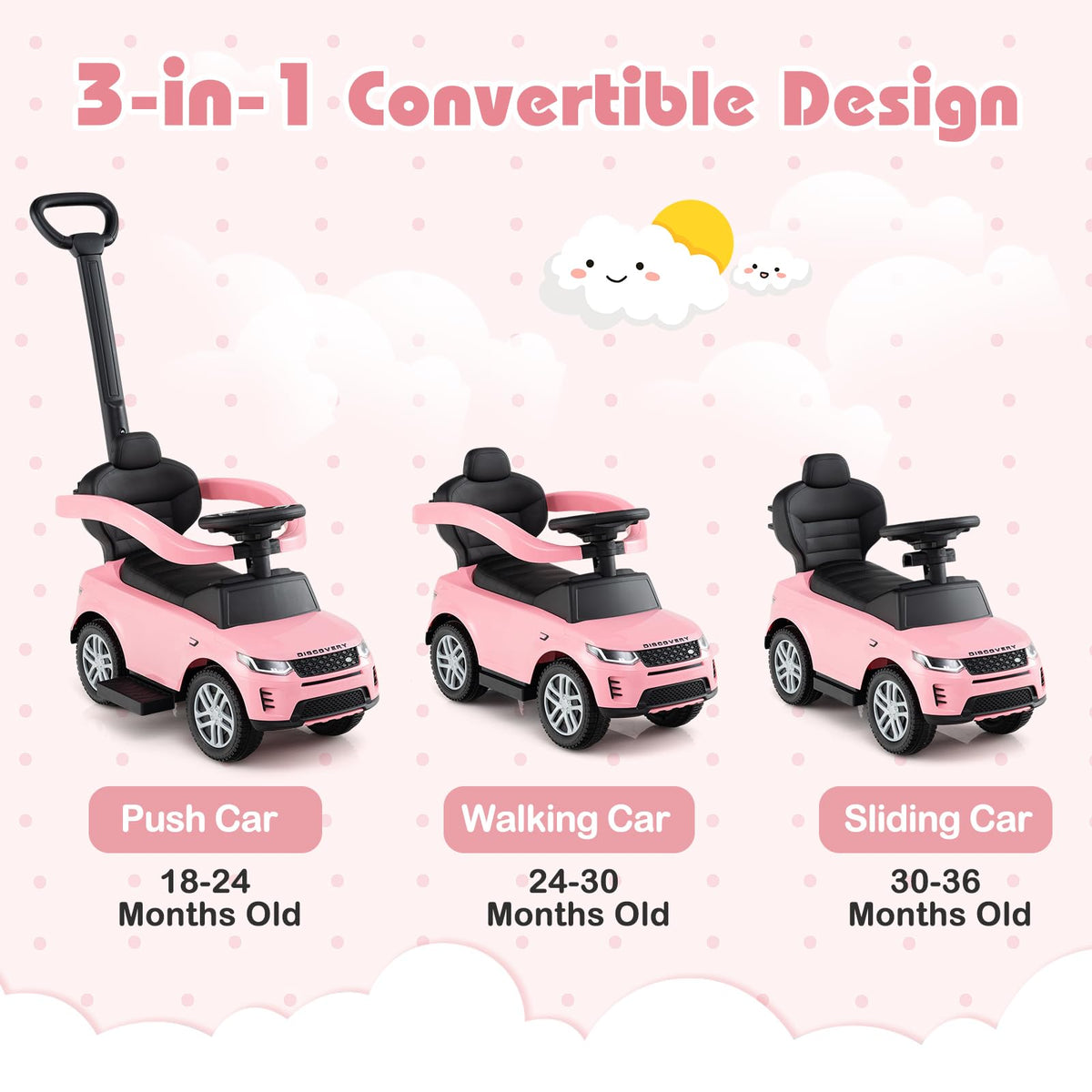 3 in 1 Push Car with Handle, Horn Sound, Underneath Storage, Armrest Guardrail, Foot-to-Floor Ride On Toy (Pink) O7474